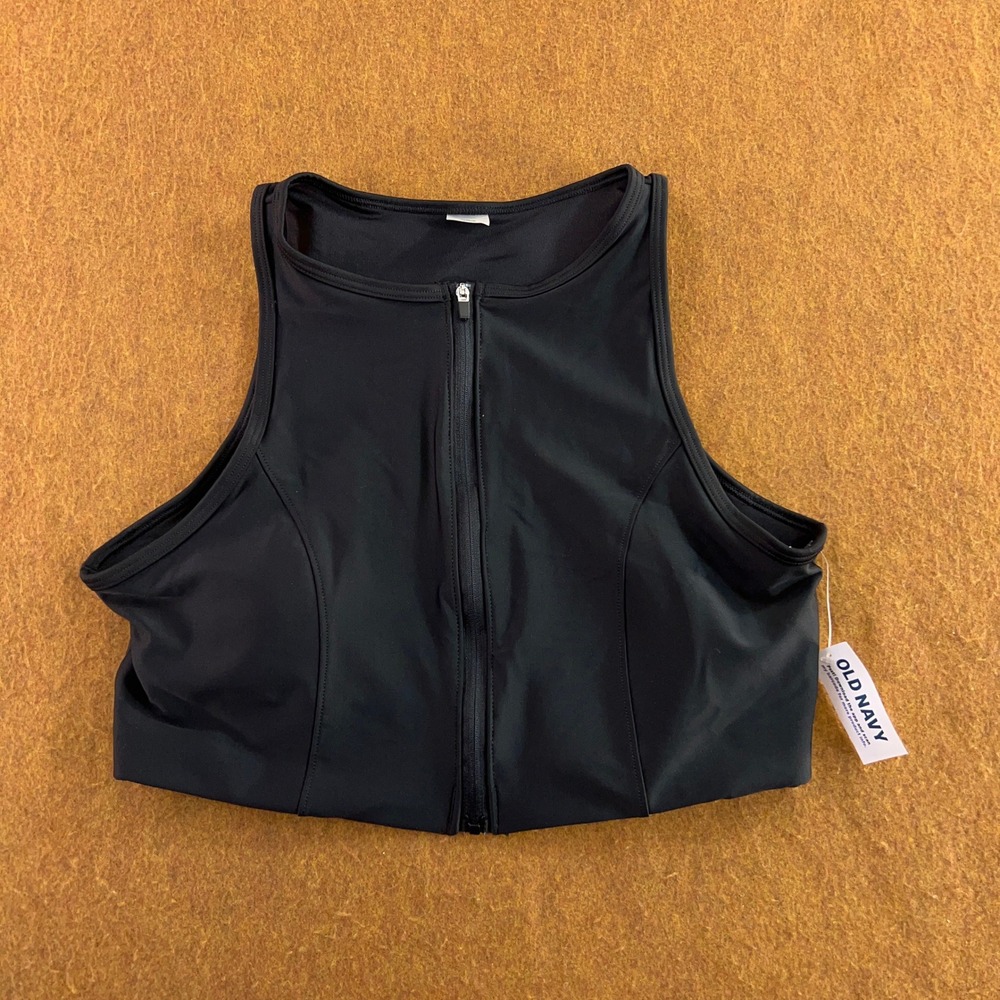 Old Navy Womens Large Black Zip Front High Neck Cropped Sports Bra Tank Top NWT